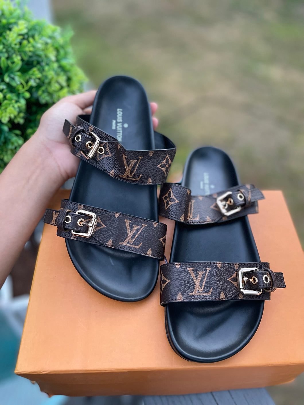 Brown monogram sandals